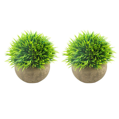Svenee Mini Artificial Plants, Plastic Fake Green Grass Faux Greenery Topiary Shrubs with Grey Pots for Bathroom Home Office Décor, House Decorations (2)