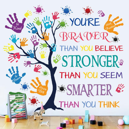 Colorful Inspirational Quote Wall Decal-You’re Braver Than You Believe, Stronger Than You Seem, Smarter Than You Think, Motivational Quote Phrases Wall Sticker Kids Room Nursery, Classroom Decor.