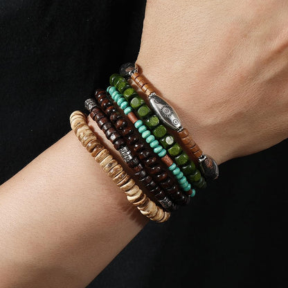 SONNYX 43Pcs Punk Wooden Beads Bracelets Gothic Bracelet for Men Adjustable Vintage Beaded Bracelet Metal Set Wood Bangles Wristbands Commemorative Gift