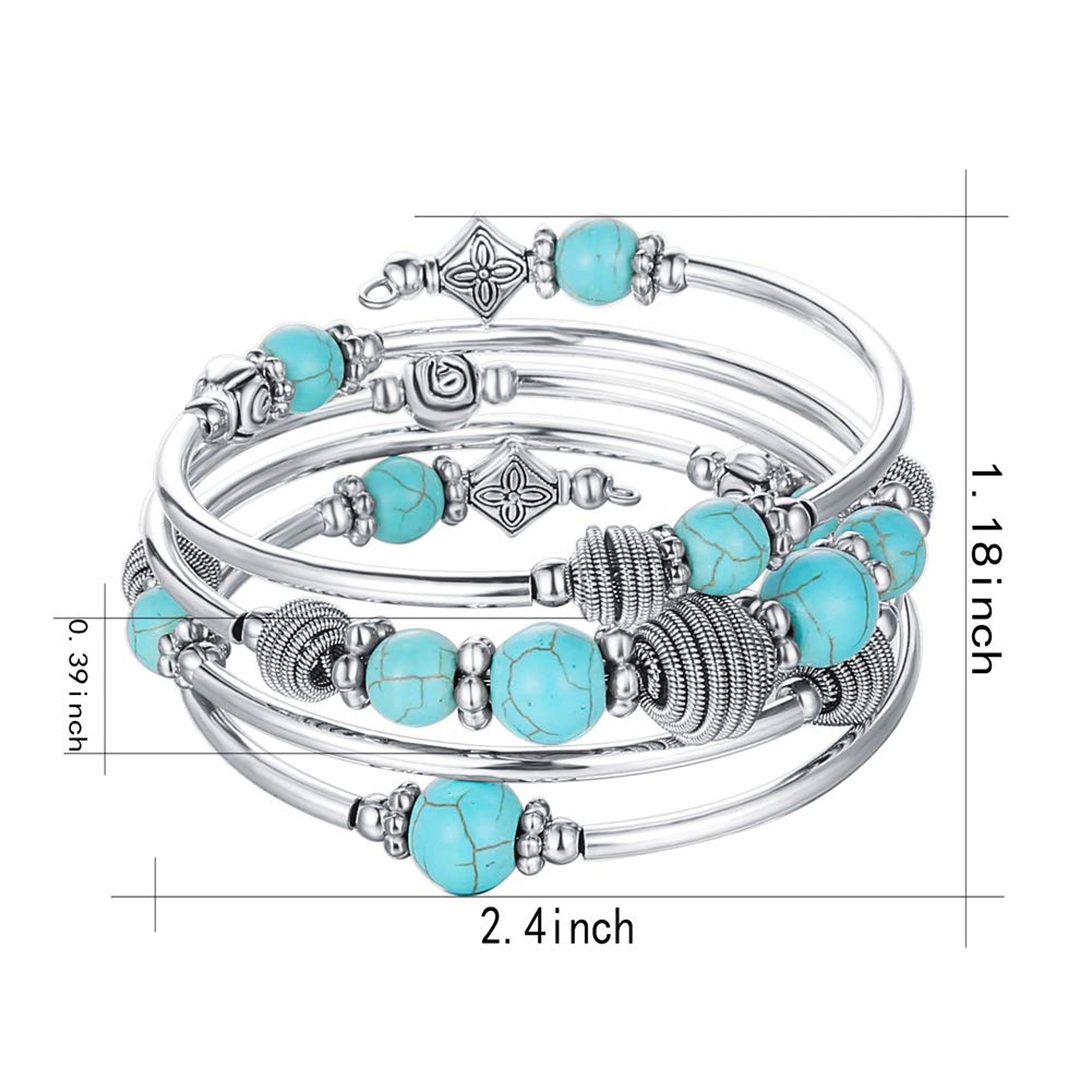 PEARL&CLUB Beaded Chakra Bangle Turquoise Bracelet - Fashion Jewelry Wrap Bracelet with Thick Silver Metal and Mala Beads, Birthday Gifts For Women(Turquoise)