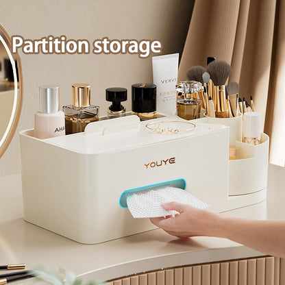 Aiabaleaft Multifunctional Organizer Rotating Brush Holder Makeup Organizer With Tissue Box for Study Table Living Room Dressers Home Office (White)