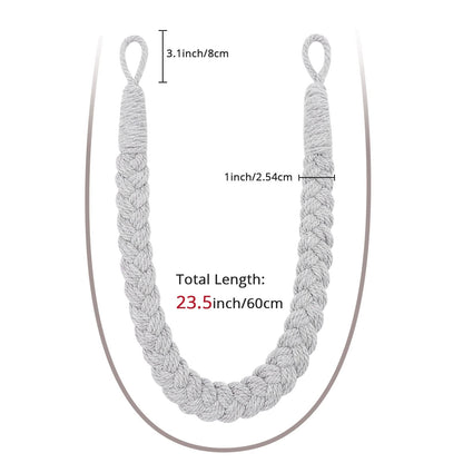 NICEEC 2 Pack Natural Cotton Rope Curtain Tiebacks Elegant Boho Style Decorative Drape Tie Backs Soft Hand-Woven Rope Curtain Holdbacks with Metal Hook for Home & Office Drapery (Light Grey)