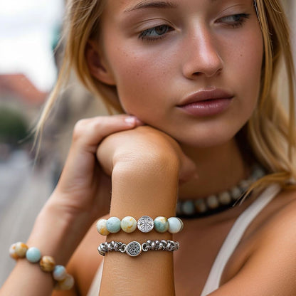 MetJakt Healing Crystals Beaded Bracelets for Womens Natural Gemstone 8mm Beads Stretch Bracelets with 925 Sterling Silver Double Happiness Pendant (Amazonite)