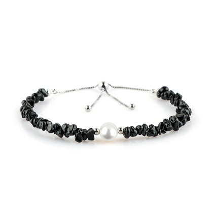 CRYSTALIS Natural Black-Spinel Beads Slider Bolo Bracelet with Elegant Pearl, Uncut Chips Nuggets Crystals, Chakra Healing Gemstone, Women Jewelry, 925 Sterling Silver Slider 10 inch
