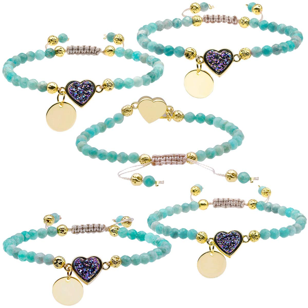 Nupuyai 4mm Faceted Stone Beads Bracelet for Women Men, Adjustable Healing Crystal Chakra Bracelet with Druzy Heart Charms, Amazonite