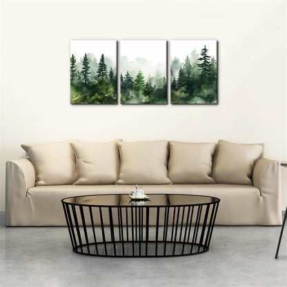 Pacimo 3 Pieces Canvas Wall Art Print Misty Forest Green Nature Mountain Painting Wall Decor for Living Room Home Decoration Natural Landscape Gallery Wrapped Posters and Prints - 12"x16"x3