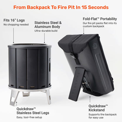 PACKFIRE Portable Fire Pit for Camping - Folds Flat into Packable Carrying Case - Smokeless, Stainless Steel & Aluminum - Perfect for Car, Truck or RV