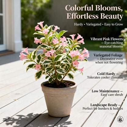 Variegated Pink Weigela Live Plant, Quart Pot - 12-18 Inches Tall, Pink Flowering Shrub with Cream and Green Foliage, Live Shrub with Colorful Ornamental Leaves for Home Gardens