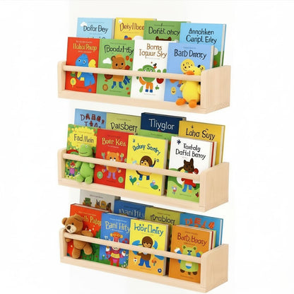 Esonal Natural Wood Nursery Floating Shelves Set of 3– Wall Mounted Kids Bookshelf & Toy Organizer – 16 Inch Rustic Pine Hanging Display Book Shelves for Bedroom, Playroom, and Baby Decor