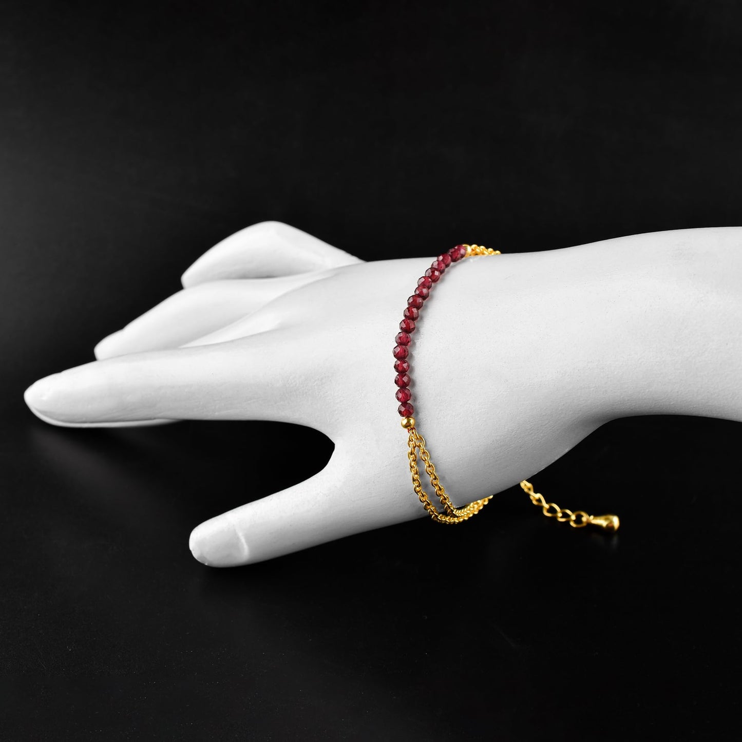 InfinityGemsArt Garnet Bracelets for Women, Natural January Birthstone, Minimalist Beaded Red Stone, Chakra Crystals Gemstones Lightweight Jewelry, 14K Gold Plated 8 Inch Adjustable Chain, Christmas Gifts For Her
