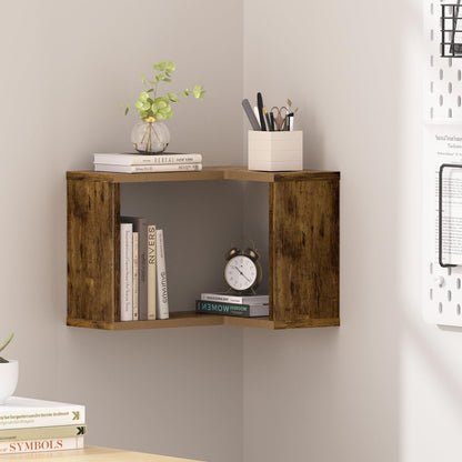 Atoping Floating Corner Shelf, 2-Tier Floating Shelf for Wall, Wood Floating Book Shelf for Living Room, Bedroom, Bathroom, Home Office, Rustic Brown