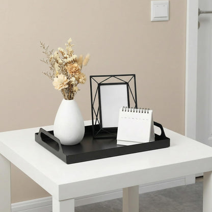 Peohud 2 Pack Black Metal Serving Tray, Decorative Coffee Table Tray with Handles, Vanity Platter Breakfast Tray for Eating, Storing, Bedroom, Kitchen, Living Room, Bathroom