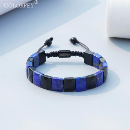 COLORFEY Natural Crytals Mens Beads Bracelet Mens Bracelets Beaded Lapis Lazuli Black Obsidian Trendy Handmade Bracelet, Unique Double Protection Energy Beads Healing Crystals Bracelets for Men