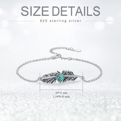 BETHZA Feather Turquoise Bracelet for Women Sterling Silver Genuine Turquoise Gemstone Link Adjustable Bracelet Navajo Jewelry Gift for Birthday Mothers Day (7+2")