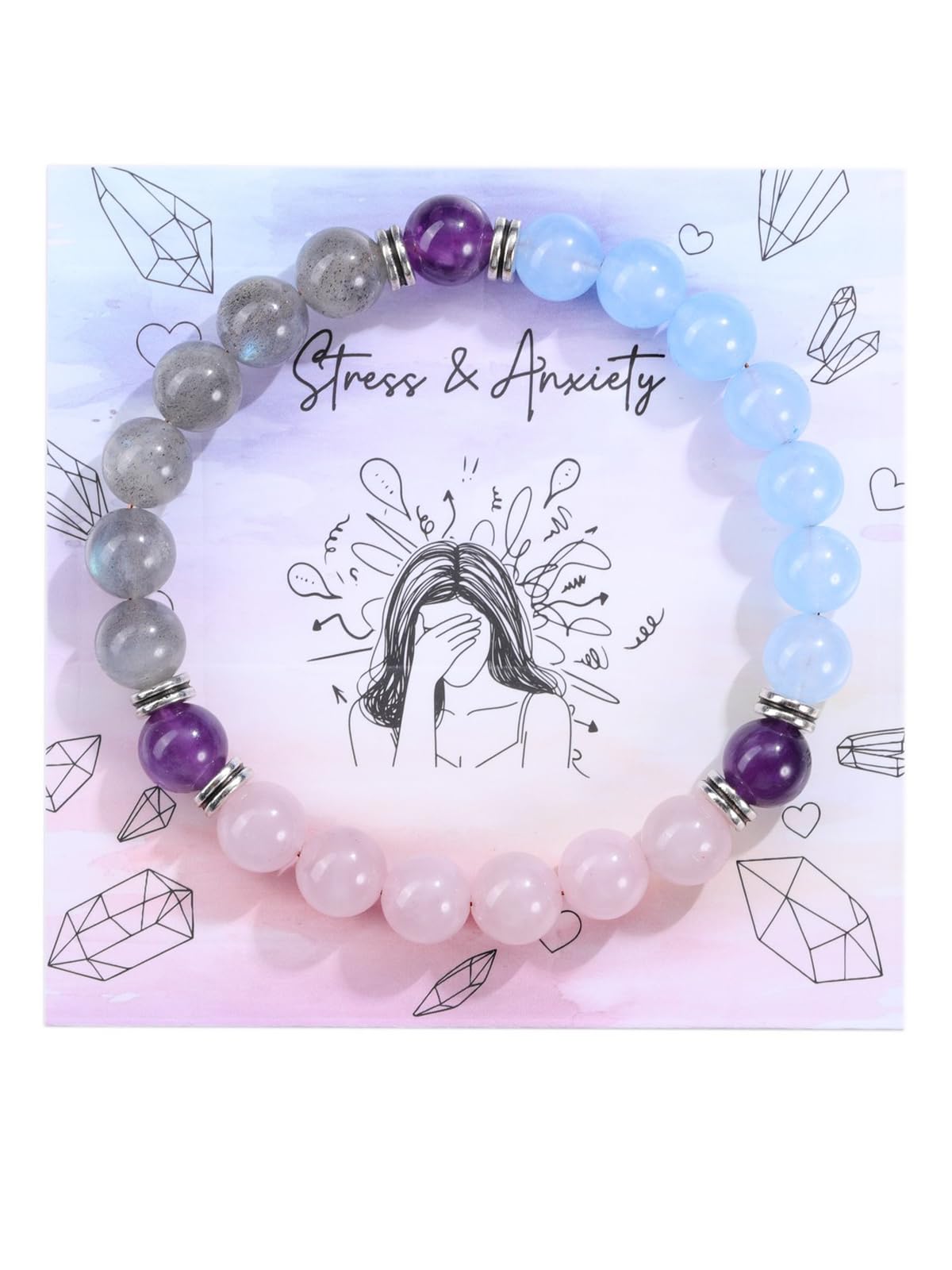 Jovivi Healing Crystal Beaded Bracelet for Women Anxierty Relief Natural Rose Quartz Labradorite Yoga Beads Chakra Bracelet Handmade Triple Protection Good Luck Jewelry Gift