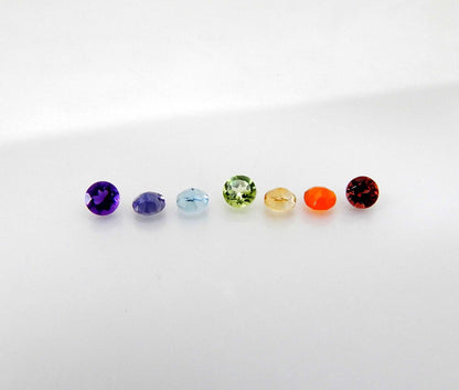 Myhealingworld Natural Amethyst Iolite Blue Topaz Peridot Citrine Carnelian and Garnet 3mm round faceted brilliant cut 7 chakra AAA quality loose calibrated gemstones for jewelry making (BOX 1 - (Round 3mm = 7 Stones)