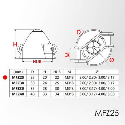 Metal Folding Propeller Spinner 25mm/30mm/35mm/40mm Z-Shaped w/Different Motor Shaft Diameter2.0/2.3/3.0/3.17 for F5K F5J P5B Airplane RC Glider (MFZ25)