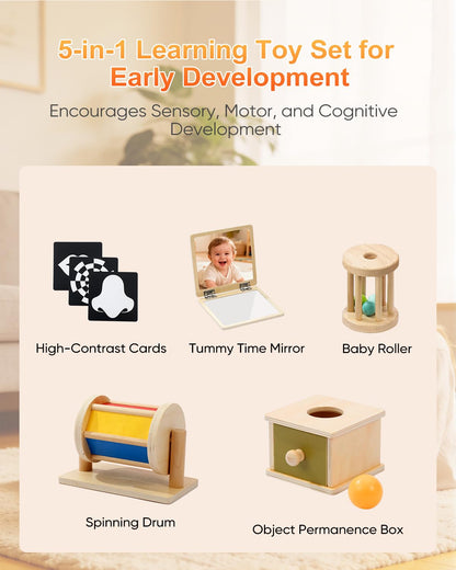 Montessori Toys for Babies 0-6 6-12 Months, Sensory Developmental Baby Toys, Tummy Time Toy - 5 in 1 Wooden Learning Toy Set, High Contrast Cards, Mirror & Spinning Drum for Newborn Infant Gift