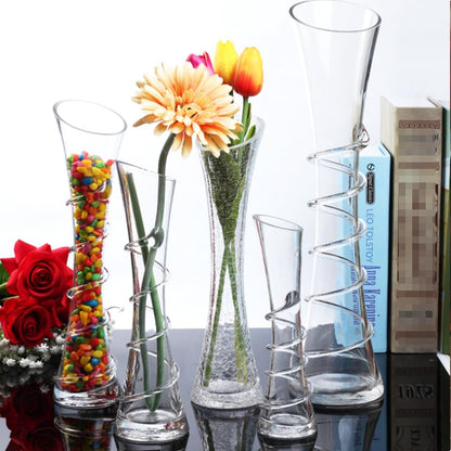 VANTOBEST Hand-Made Blown Art Bud Glass Vase, Clear Glass, Oblong Shape, Modern Style, Thread Pattern, Stemless, Perfect for Home Decorations