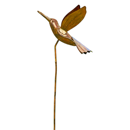 BestNest Ancient Graffiti Flamed Copper Garden Stakes, Set of 3 Metal Outdoor Yard Ornaments with Songbird, Dragonfly & Hummingbird Toppers, Decorative Staked Garden Art