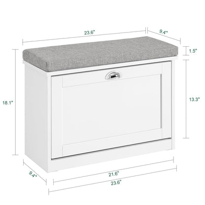 Haotian Small Shoe Storage Bench with Cushion, White Narrow Shoe Rack for Entryway, Small Shoe Cabinet with 2 Tiers Flip-Drawer, FSR195-K-W