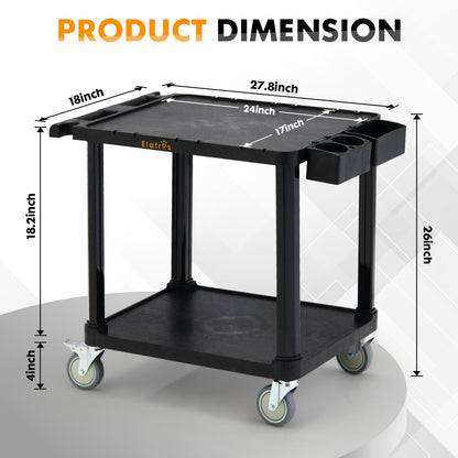 ELAFROS 2-Tier Low Profile Utility Cart, 27.8" x 18" x 26", Deep Shelves, 4” Swivel Wheels with 2 Lockable, Holds up to 330 lbs – Compact Rolling Storage & Service Cart for Office, Home, Garage