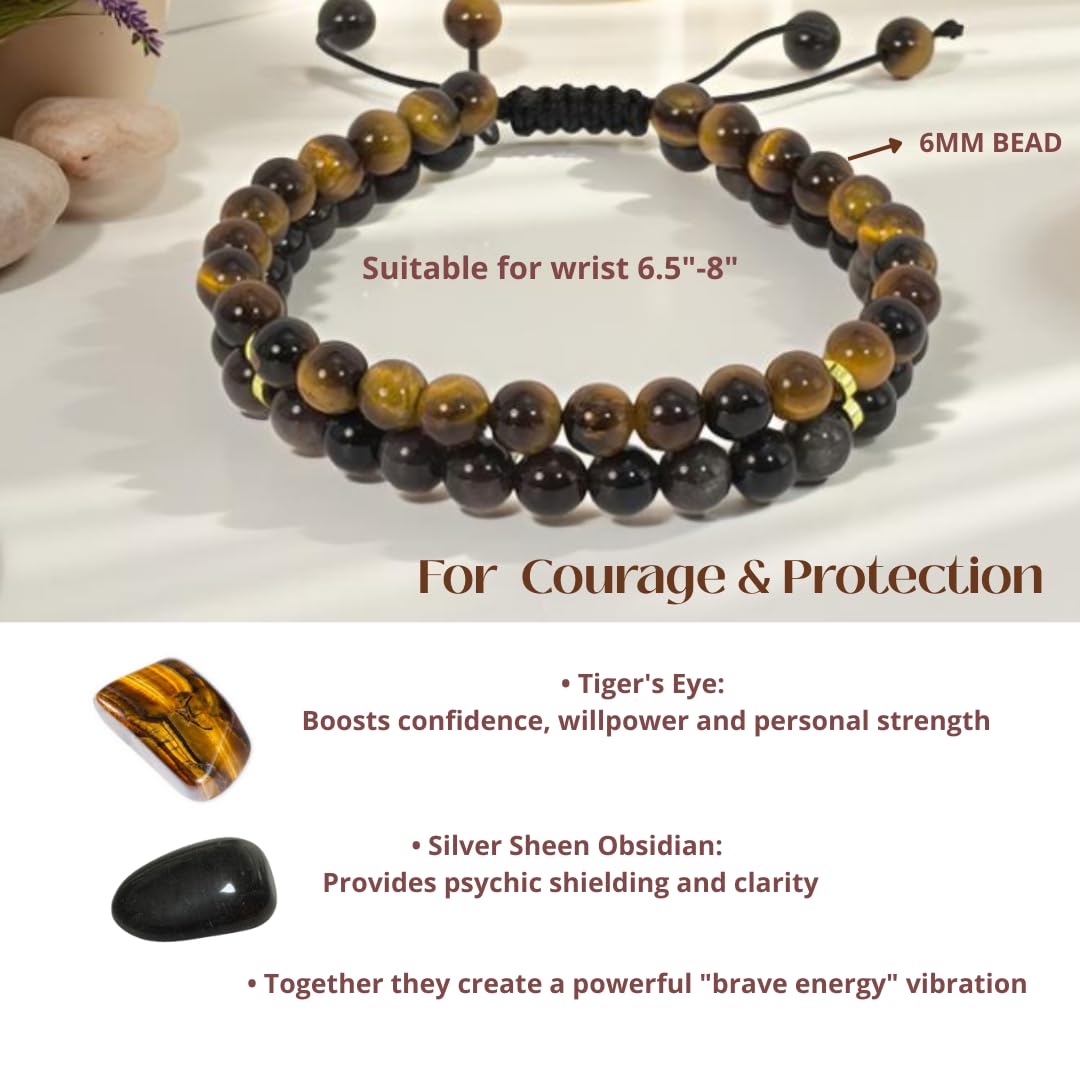 Atminafays 6MM Stackable Healing Bracelet for Women & Men - Tiger's Eye & Obsidian for Courage & Protection, Adjustable Boho Beaded Bracelet