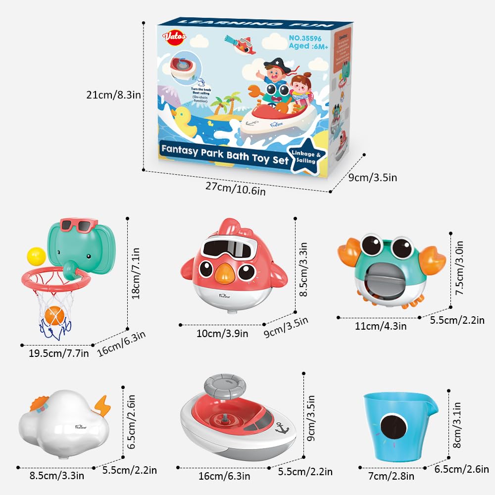 VATOS Baby Bath Toys, Elephant Basketball Hoop Bathroom Toys for Babies Boys Girls 1 Year Old, Baby Bathtub Playset with Bird, Crab, Clouds, Yacht Best Bath Gift for Toddlers 1-3