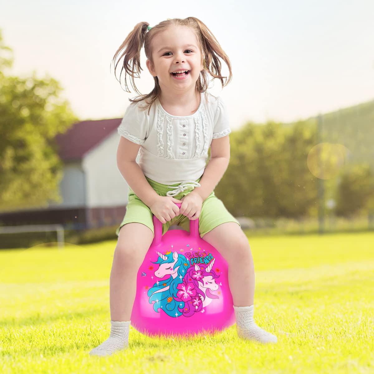 U&C Planet Hopper Ball,18 inches Bouncy Ball with Handle for Kids Age 3-6, Sit on Bounce Jumping Hopping Toy with Pump, Great Toddler Girls Toys for Birthday Gifts, Pink Unicorn