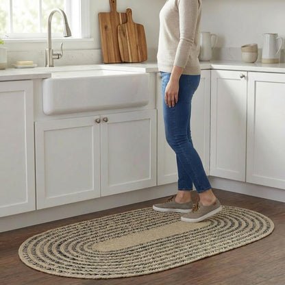 Cotton Braided Rug - 20" X 30" Beige and Navy Oval Woven Farmhouse Rug for Bathroom - Braided Minimalist Rugs for Kitchen - Rustic Primitive Rugs for Entryway