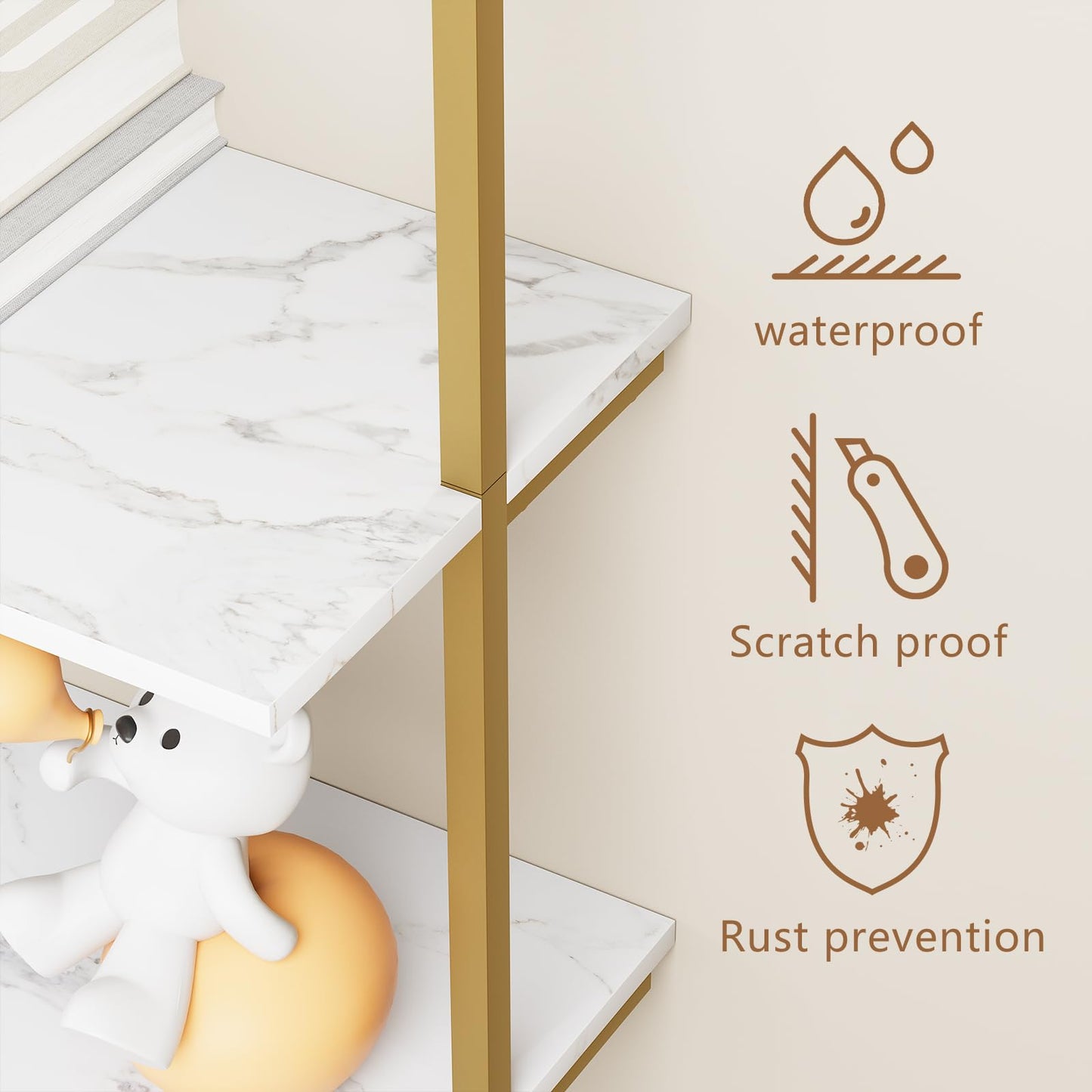 aboxoo Ladder Shelf 2PCS White Marble Bookshelf 5-Tier Wall-Mounted Wood Rack Open Industrial Modern Plant Flower Stand Utility Organizer Bookcase Metal Frame Furniture Office Kitchen Bedroom