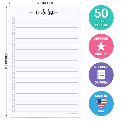 321Done To Do List Notepad, Made in USA - 5.5x8.5, Simple Checklist, Cute Modern Design for Organizing, Planning, College Ruled, Thick Heavy Paper - 50 Sheets
