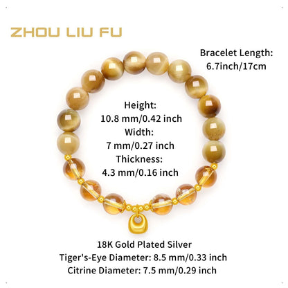 ZHOU LIU FU Sterling Silver Bracelets Silver Natural Healing Yellow Stones Bracelet Lock Pendant Charm Beads Stretch Bracelet for Women Mom Her Anniversary Birthday 6.7"/17CM J1915868