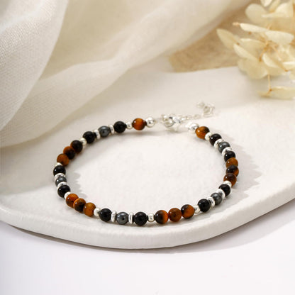 Kenailw Triple Protection Bracelet for Women Gifts, Crystal Hematite Black Tourmaline Tigers Eye Beaded Healing Obsidian Guardian Piedra Turmalina Negra Natural Stones Jewelry