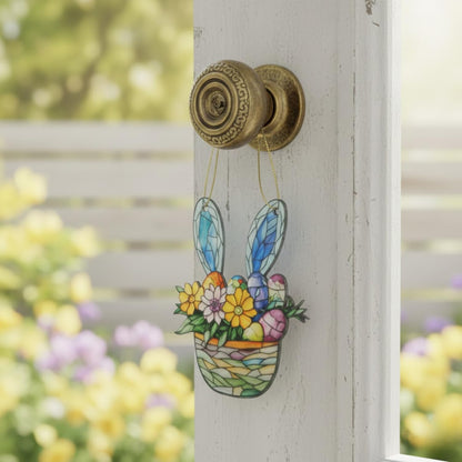 Floral Gifts for Women, Bunny in Flower Basket Acrylic Suncatcher, Faux Stained Glass Effect,Hanging Decoration for Window, Home, Cute, Whimsical Garden Suncatcher, Christmas Tree Decor
