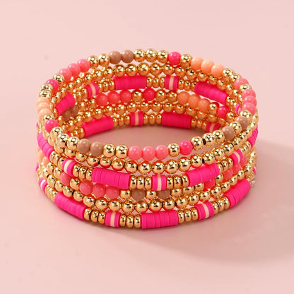 Bohxantium Gold Beaded Friendship Bracelets Stack for Women Boho Pink Heishi Clay 14K Gold Plated Beads Ball Stackable Stretch Surfer Colorful Preppy Bracelet Trendy Jewelry Daily Wear Birthday Gift