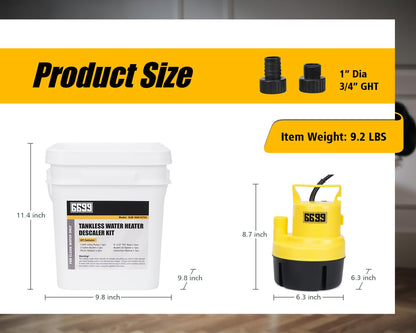 6699 Tankless Water Heater Flushing Kit Includes 1/4HP Submersible Sump Pump with Two Adapters & 3 Gallons Pail with Bucket Lid Opener & Two 1/2” Dia X 6’ PVC Hoses with Washers