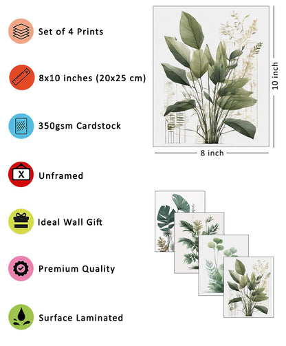 Nilem Design Botanical Wall Art Prints Set of 4 (8"x10") – Unframed Minimalist Leaf Posters in Green Tones – Plant Wall Decor for Bedroom, Living Room, Bathroom, or Office
