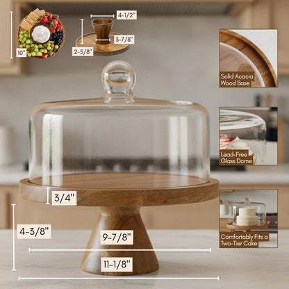 Stellarie Acacia Wood Cake Stand with Glass Dome Lid, Reversible Cake Stand and Serving Board Designed for Everyday Use, Desserts, Charcuterie, and Gifting