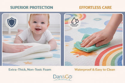 DAN&GO Extra Large Baby Play Mat, Foldable, Double-Sided, Beige, Non-Toxic XPE Material, Portable Activity Floor Mat for Babies 0-12 Months & Kids, Educational Design (Ocean, 71 * 79 * 0.4)