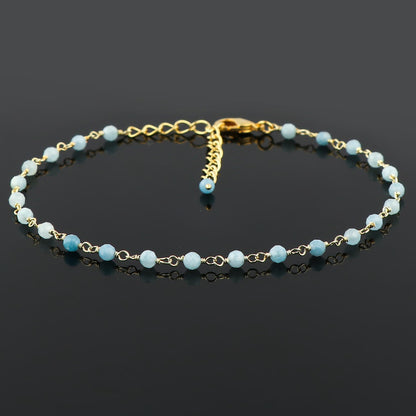 JOR Natural Aquamarine Beaded Rosary Anklet, Handmade Craft, Anklet Beads Bracelet, Chakra Healing Anklet, Gemstone Women Jewelry, Dainty Gold Plated Anklet 9 inch + 1.5 inch (1pcs)