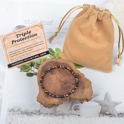 MASSIVE BEADS Triple Protection - Stone of Strong Protect - Handmade Yoga Stretch Elastic Bracelet Natural Stone Crystal Healing Power Energy Gifts for Unisex Adult 4mm