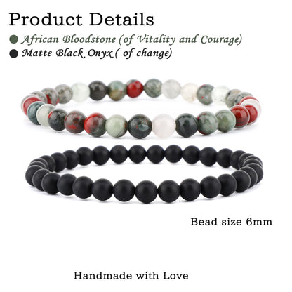 NCB 2-Piece 6mm Natural Crystal Gemstone Stretch Bracelets – ﻿African Bloodstone, Matte Black Agate Handmade Reiki Energy Healing Jewelry for Meditation,Yoga, Unisex