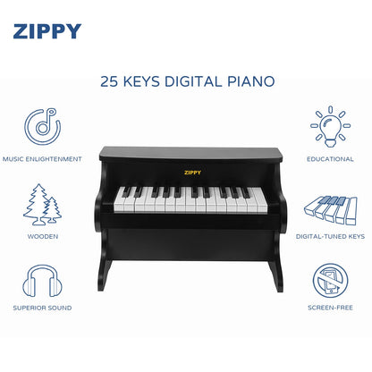 ZIPPY Kids Piano Keyboard, 25 Keys Digital Piano for Kids, Mini Music Educational Instrument Toy, Wood Toy for Toddlers Girls Boys (Black)