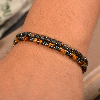 Casvia Tiger's Glow Men's Tiger Eye Chakra Bracelet, Handcrafted Hematite, Thickened Steel Wire, Adjustable Dual Clasp 6.9-8.8 Inch Gift for Men Dad Boyfriend