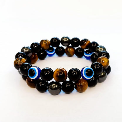 WEFRIN Evil Eye with Hematite Black Obsidian Tiger Eye Stone Triple Protection Bracelets for Men Women, Crystal Healing Stone Bracelet Bring Luck Prosperity and Happiness Jewelry (D-10mm)