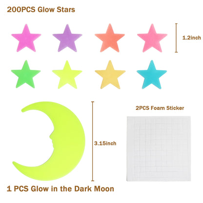 Glow in The Dark Stars Stickers for Ceiling, Adhesive 200pcs 3D Glowing Stars and Moon for Kids Bedroom,Luminous Stickers Create a Realistic Starry Sky,Room Decor,Wall Stickers