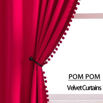 Treatmentex Red Pom Pom Velvet Curtains for Christmas Holiday Season 42"x 84" Length Soft Room Darkening Window Drapes for Living Room, 2Panels, Rod Pocket