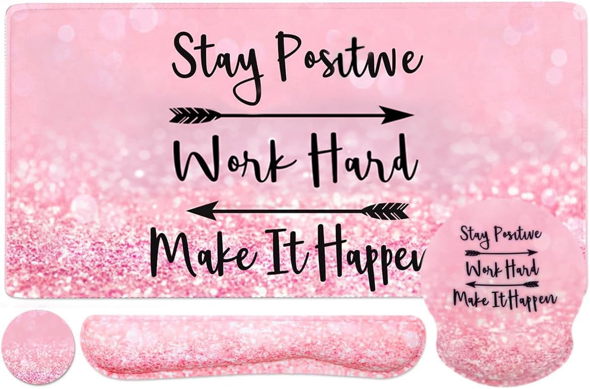 4-in-1 Gaming Mouse Pad Wrist Support Set，Desk Pad + Mouse Pad with Wrist Rest + Keyboard Wrist Rest + Coaster, Ergonomic Design for Home Office Study Game - Pink Stay Positive