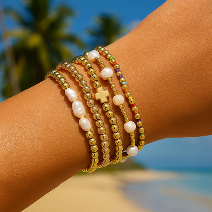 SHINUS BOHO Dainty 14K Gold Plated Pearl Beaded Cross Bracelets Stack Set for Women,Stretch Boho Christian Faith Colorful Beads Ball Jewelry Friendship Summer Trendy Gift